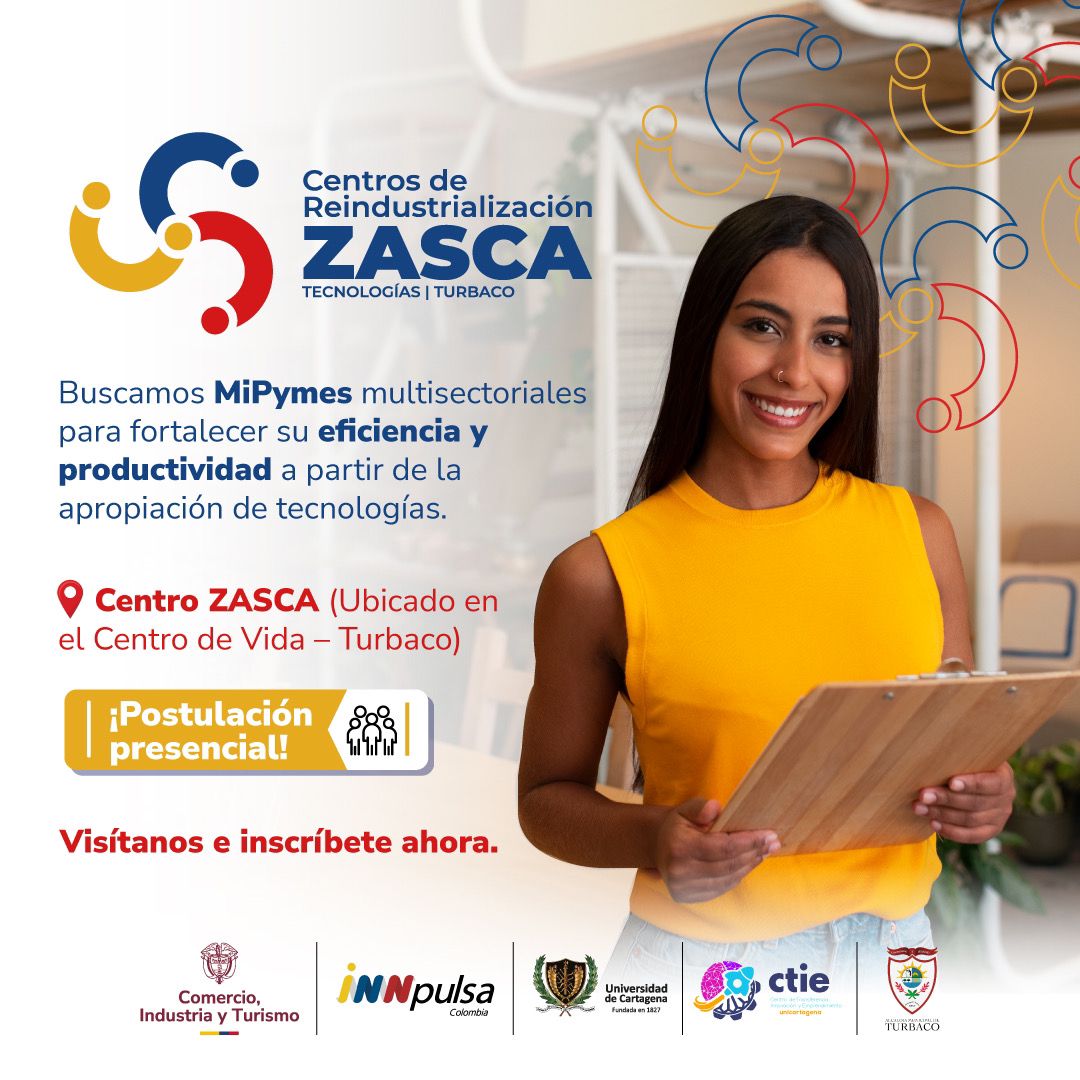 Centro de Reindustrialización Zasca Tecnologías | Turbaco. Postulación presencial en el Zasca Tecnologías ubicado en el Centro de Vida. Turbaco, Bolívar